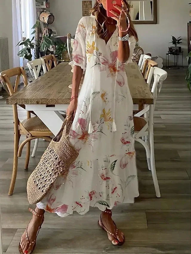 Dúnia™ VESTIDO LARGO CON ESTAMPADO Y VOLANTES - Image 3
